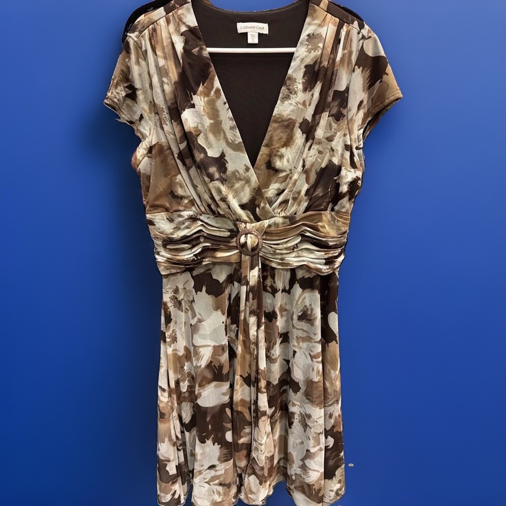 Coldwater Creek Brown Abstract Floral Mesh Midi‎ Dress Faux Wrap V-Neck XL 18